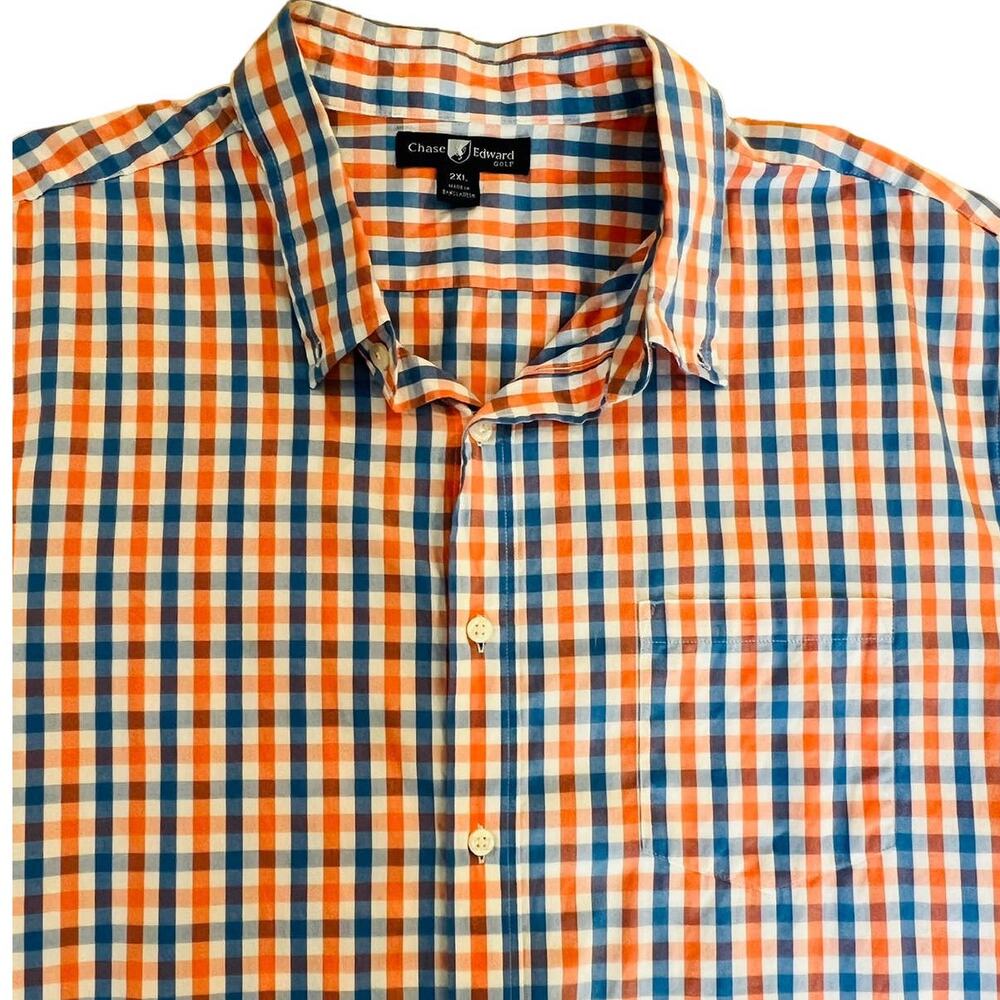 Chase Edward Golf Orange, Blue, White Plaid Long Sleeve Button Down Shirt 2XL